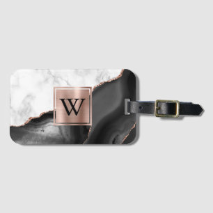 Weiße Marmor-Roségold-Schwarze Achat-Monogramm Gepäckanhänger
