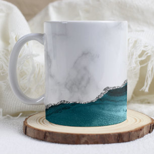Weiße Marmor Teal Blau Achat Silber Glitter Kaffeetasse