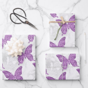 Weiße Marmor- und violette Glitter-Schmetterlinge Geschenkpapier Set