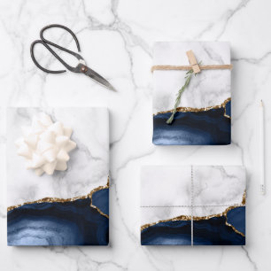 Weiße Marmor vergoldete Navy Blau Achat Geschenkpapier Set