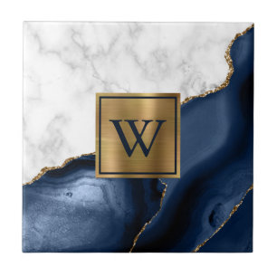 Weiße Marmor vergoldete Navyblau Achat Monogramm Fliese