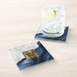 Weiße Marmor vergoldete Navyblau Achat Monogramm Glasuntersetzer
