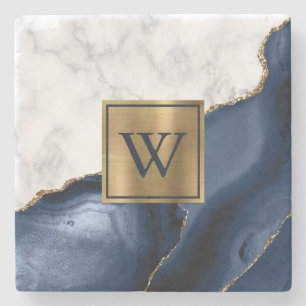 Weiße Marmor vergoldete Navyblau Achat Monogramm Steinuntersetzer