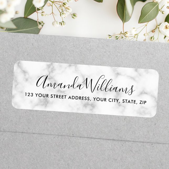Weiße Marmoradresse in elegantem Kalligraphieskrip (Elegant calligraphy script white marble address label)