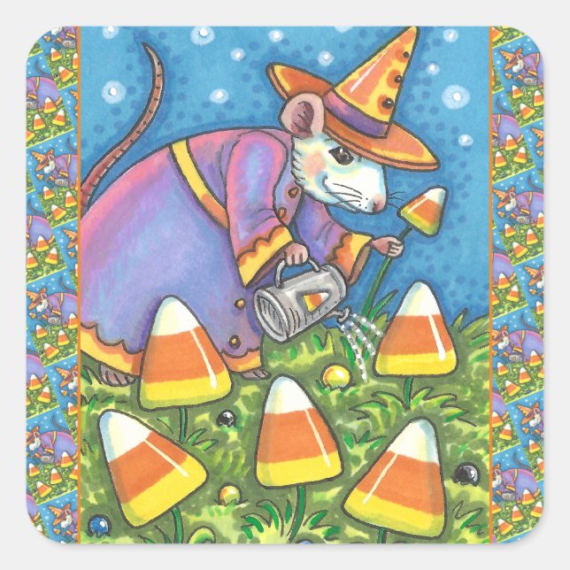 WEISSE MAUS IN CANDY CORN GARDEN, FARBFARBIG UND N QUADRATISCHER AUFKLEBER (Vorderseite)