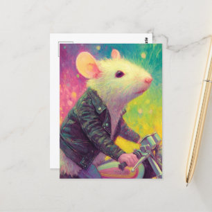Weiße Maus in schwarzer Lederjacke Postkarte