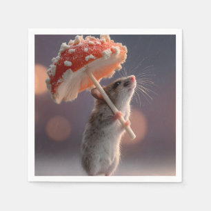 Weiße Maus mit einem Pilz als Schirm Serviette