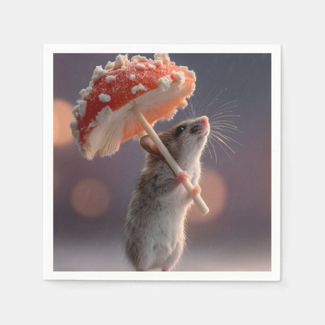 Weiße Maus mit einem Pilz als Schirm Serviette (Vorderseite)