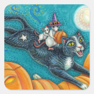 WEIßE MÄUSE & SCHWARZE KATZE AUF HALLOWEEN-SCHNITZ QUADRATISCHER AUFKLEBER