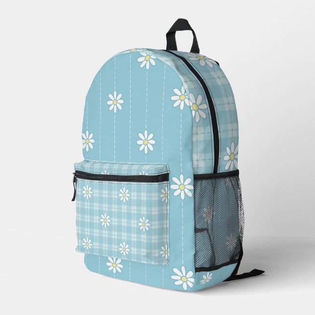WEISSE MILCHEN MIT KARIERTEN PASTELBLAU-PATTERN BEDRUCKTER RUCKSACK (Rückseitige Ecke Rechts)