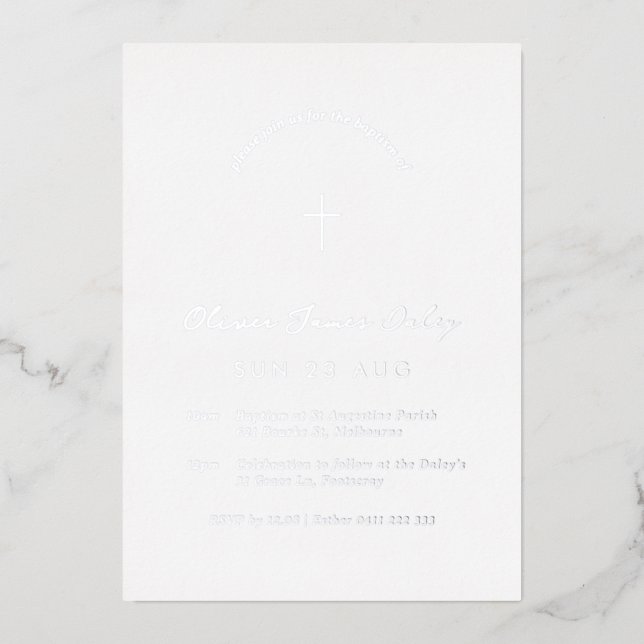 Weiße Minimale Taufe Christening Cross Einladung (Vorderseite)