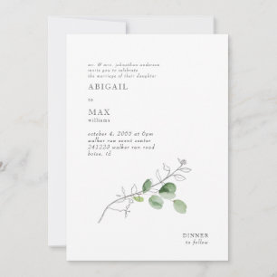 Weiße moderne botanische Hochzeit mit Blattwerk Einladung