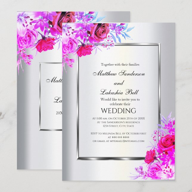 Weiße moderne Elegante Weddin-Rose mit Blumen Einladung (Vorne/Hinten)