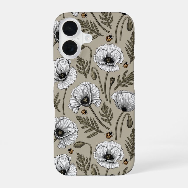 Weiße Mohnblumen und Marienkäfer iPhone 16 Hülle (Rückseite)