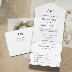 Weiße Monogramm-Hochzeit All In One Einladung