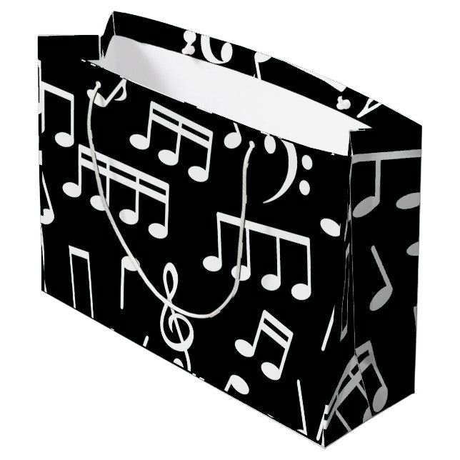 Weiße Musiknote auf schwarzem Hintergrund Große Geschenktüte (Rückseite Schrägansicht)