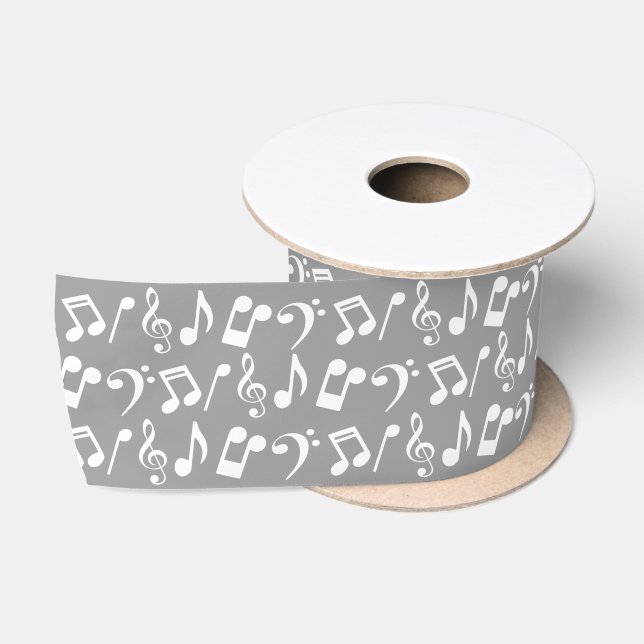 Weiße Musiknoten (Silbergrau) Satinband (Spule)