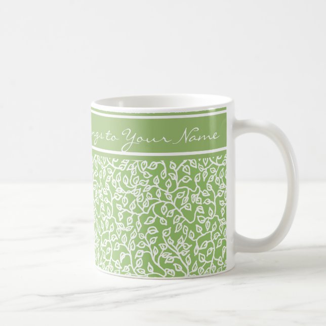 Weiße Muster von Blätter auf Apple Green, Green Ba Kaffeetasse (Rechts)