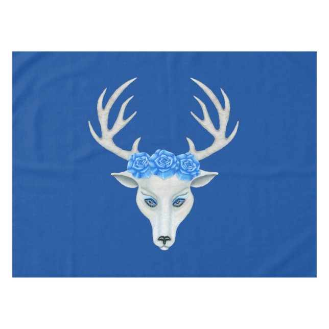 Weiße mythische Hirsche, die blaue Rose tragen Gro Tischdecke (Vorderseite (Horizontal))