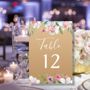 Weiße Narzisse auf Champagner-Hochzeitstisch Numme Tischnummer