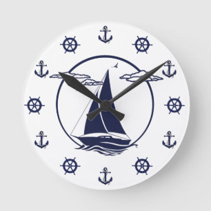 Weiße Nautische Segelboote/Anker/Rad-Silhouette Runde Wanduhr
