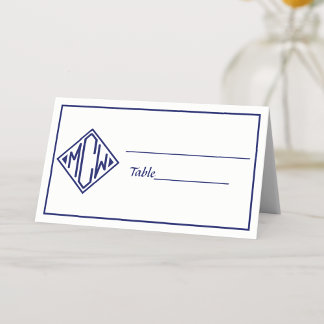 Weiße Navy Blau Diamant Monogramm-Schrift DIY Hint Platzkarte