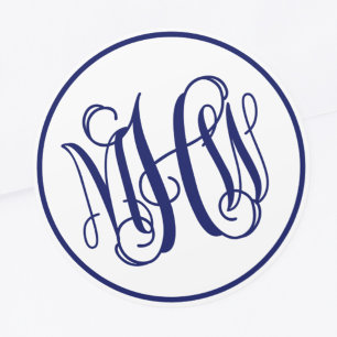 Weiße Navy Blau Weinrebe Schrift Monogramm, DIY BG Runder Aufkleber