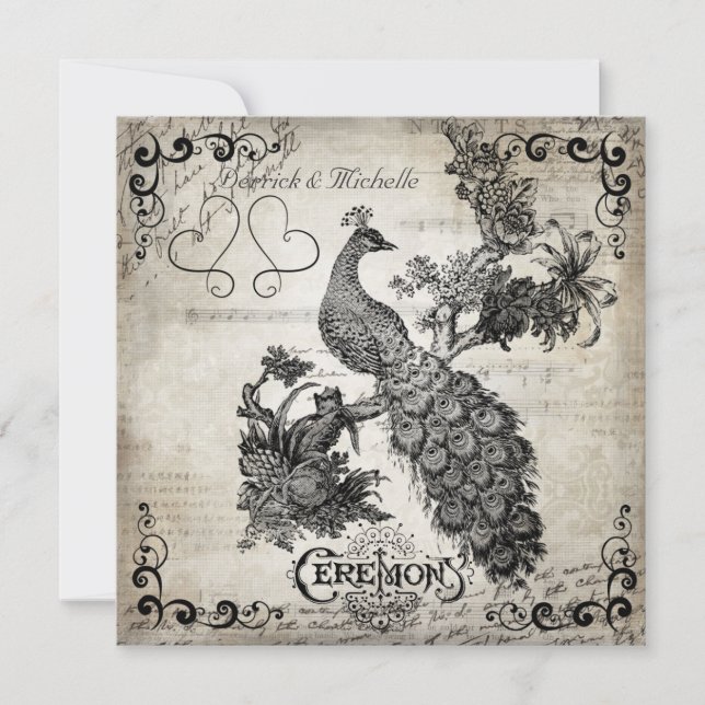 Weiße Noten Pfau Hochzeit Einladung (Vorderseite)