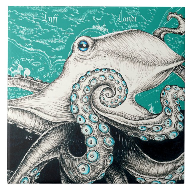 Weiße Octopus Vintage Karte Aquamarin Fliese (Vorderseite)