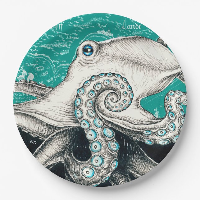 Weiße Octopus Vintage Karte Aquamarin Pappteller (Vorderseite)