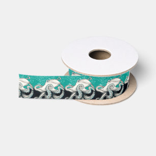 Weiße Octopus Vintage Karte Aquamarin Satinband
