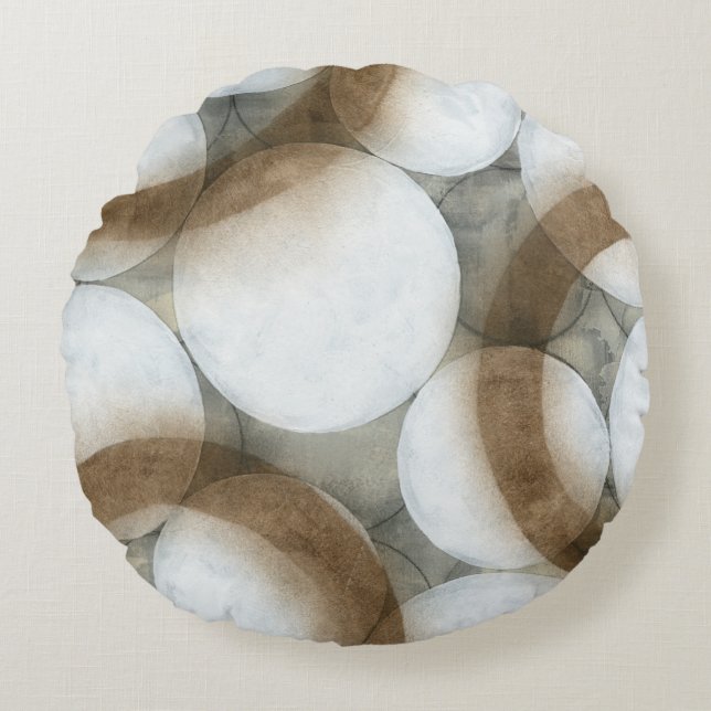 Weiße Orbs und braune Kreise Rundes Kissen (Vorderseite)