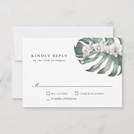 Weiße Orchideen auf dem Monstera Tropical Wedding RSVP Karte