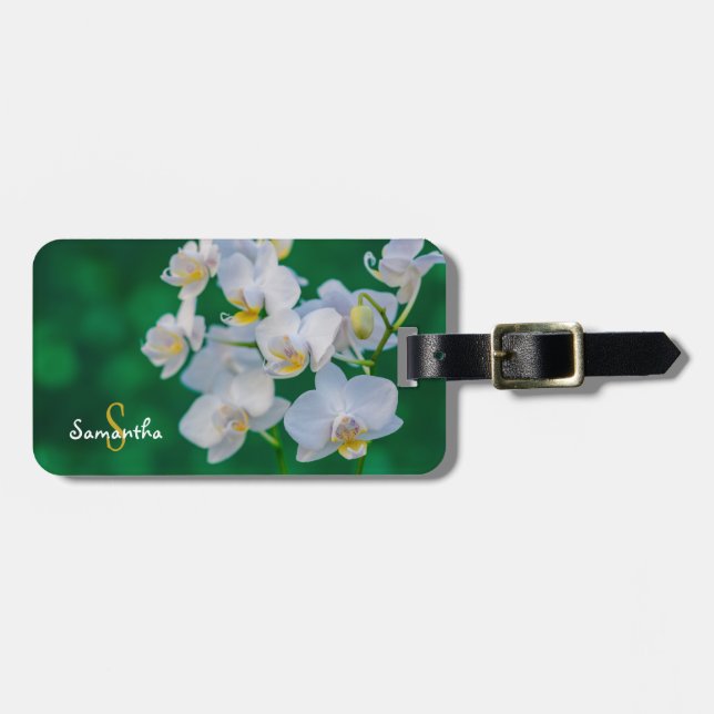 Weiße Orchideen auf Grün Gepäckanhänger (Vorderseite horizontal)