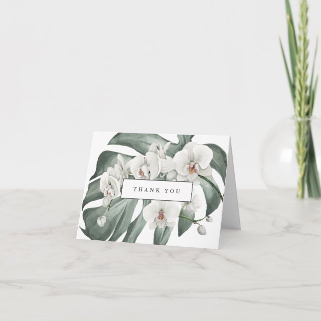 Weiße Orchideen auf Monstera Tropical Vielen Dank Dankeskarte (Vorderseite)