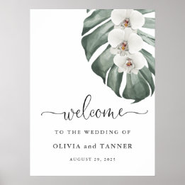 Weiße Orchideen auf Monstera Tropical Wedding Will Poster