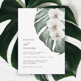 Weiße Orchideen auf Monstera Tropische Hochzeit Einladung