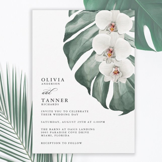 Weiße Orchideen auf Monstera Tropische Hochzeit Einladung (Von Creator hochgeladen)
