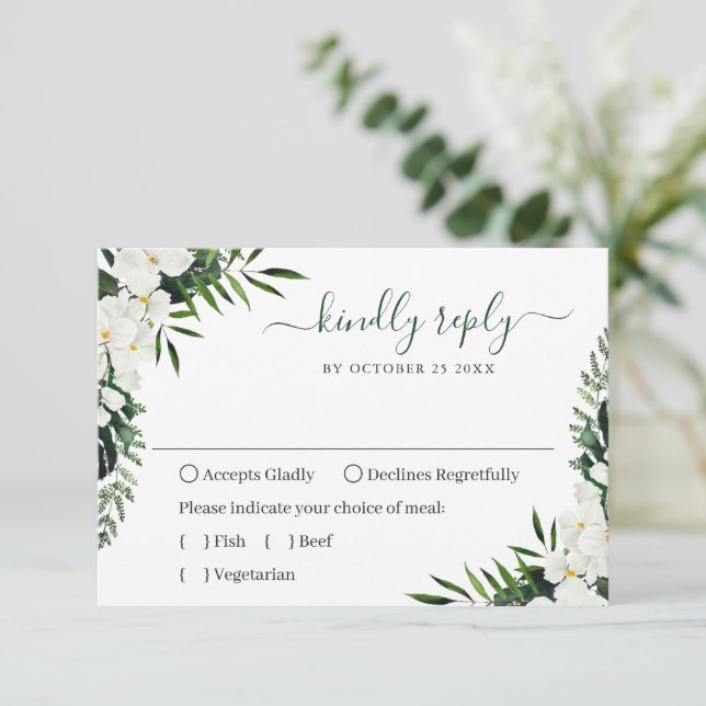 Weiße Orchideen Bohemische Hochzeit RSVP Karte (Stehend Vorderseite)