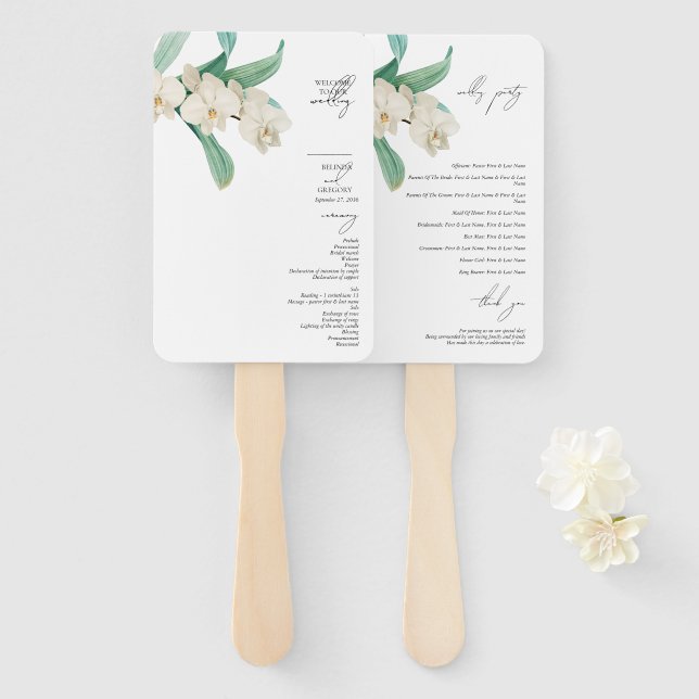 Weiße Orchideen Florale Hochzeitsordnung Fächer (Vorne und Hinten)