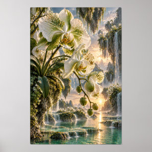 Weiße Orchideen in Sonnenuntergang Wasserfall-Tal- Poster