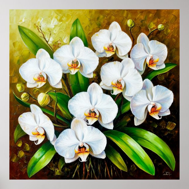 Weiße Orchideen mit grünen Blätter Poster (Vorne)