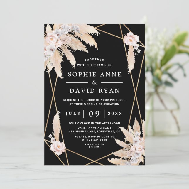 Weiße Orchideen Rosa Pampas Gras Schwarze Hochzeit Einladung (Stehend Vorderseite)