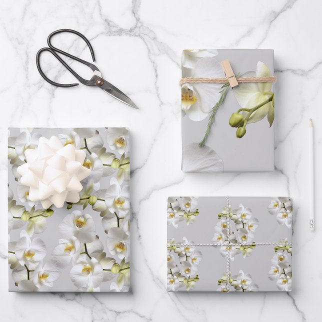 Weiße Orchideen Silbergraue Papiertüten Geschenkpapier Set (Vorderseite)