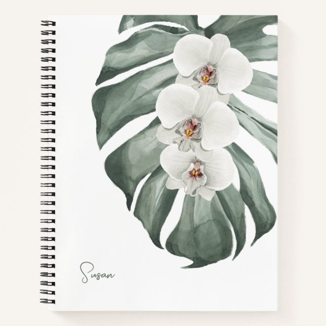 Weiße Orchideen tropische Flora mit Ihrem Namen Notizbuch (Vorderseite)
