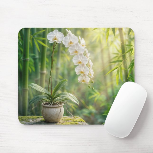 Weiße Orchideen und Bambus Mousepad (Mit Mouse)