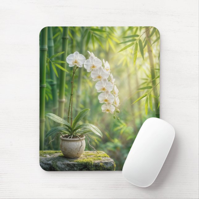 Weiße Orchideen und Bambus Mousepad (Mit Mouse)