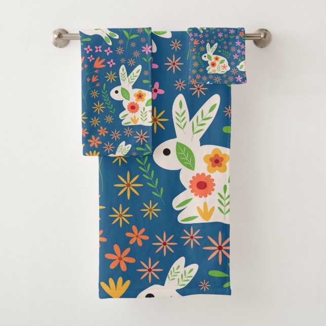 Weiße Osterkaninchen mit Whimsischer Blume Badhandtuch Set (Insitu)