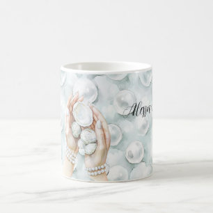 Weiße Ozean-Meeresgischtblaue Muscheln Perlen Kaffeetasse