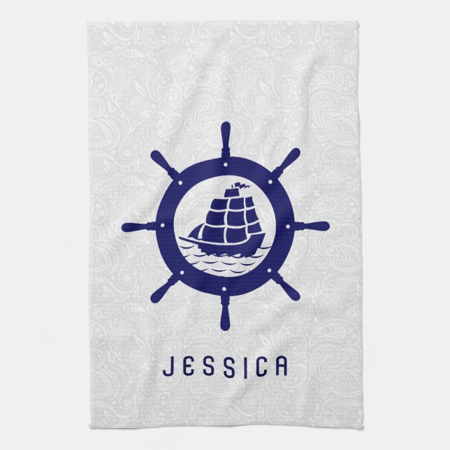 Weiße Paisley Damasks & Blue Nautical Boat Wheel Küchentuch (Vertikal)